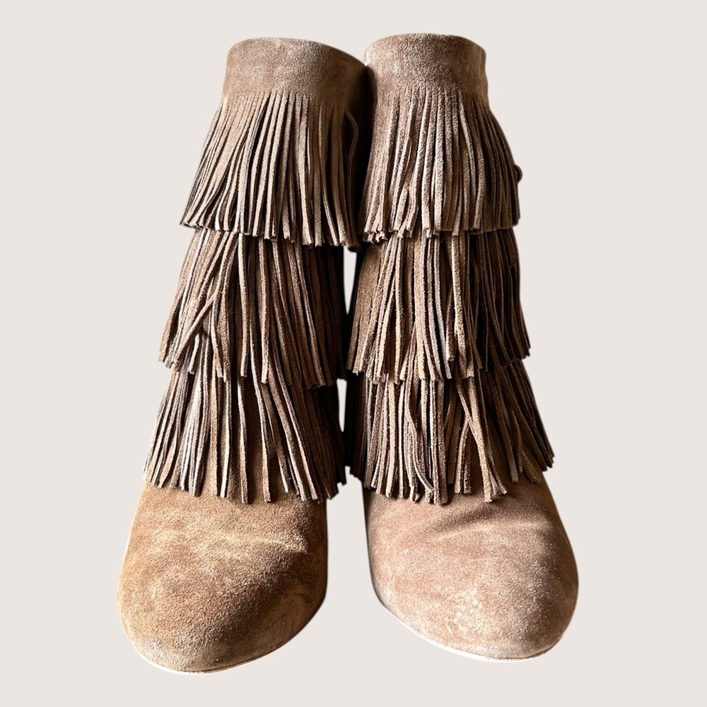 Via Spiga Suede Fringe Ankle Boots | Size 8.5 | Taupe Brown | Stiletto Heel